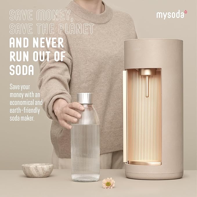 Mysoda Glassy Sparkling Water Maker + 1L Glass and Plastic Bottle - Silent Carbonated Water Machine Soda Maker with Sliding Door Opening - No Cylinder Included - Latte