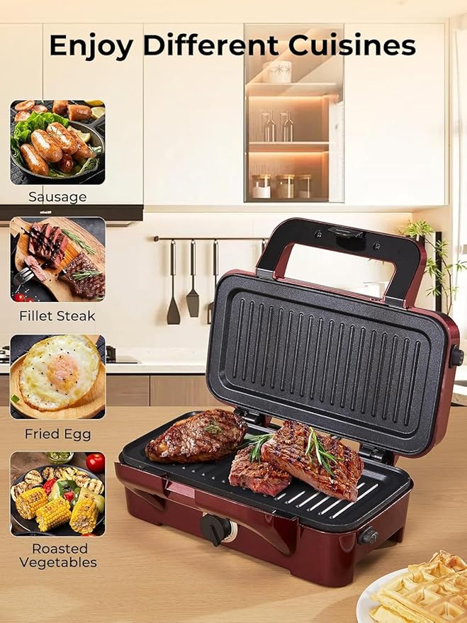HOUSNAT Sandwich Maker, 3 in 1 Waffle Maker with Removable Plates, 1200W Panini Press with Interchangeable Non-Stick Plates, Indicator Lights, 5-gear Temperature Control (Red)