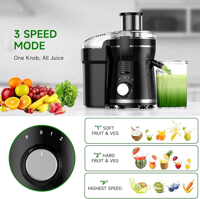 Juicer Machine, 500W Centrifugal Juicer Extractor with 3 Speed & Wide Mouth 3” Feed Chute for Fruit Vegetable, High Yield Juicer Included Cleaning Brush for Easy to Clean