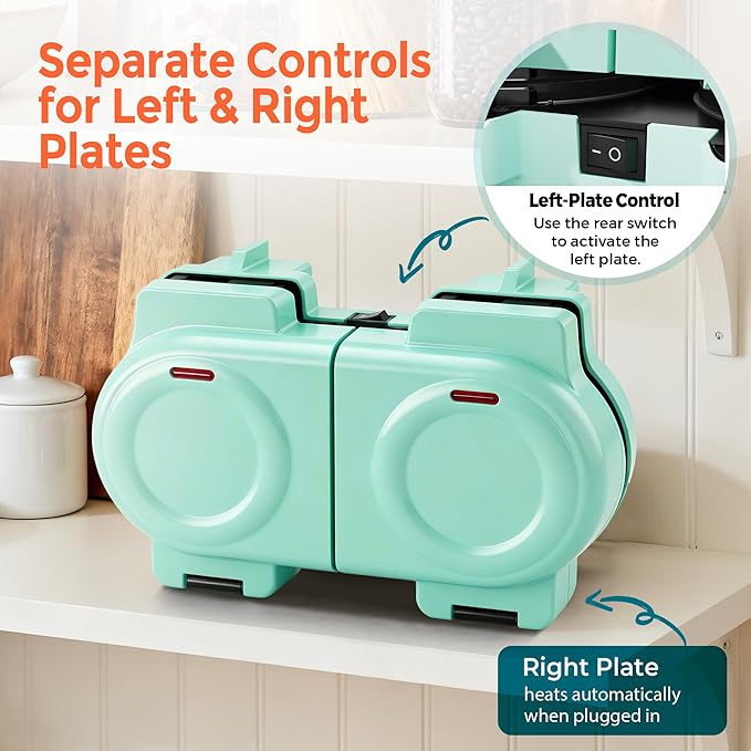 2-in-1 Double Waffle & Pancake Maker - CACHOO Mini 4" Nonstick Waffle Iron & Small Round Griddle with 4 Removable Plate Sets, Dishwasher Safe, Perfect for Small Spaces, Apartments & Dorms, Aqua