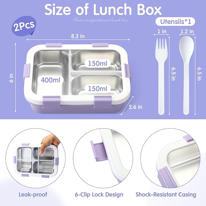 LemonRoad 2 Pcs 304 Stainless Steel Bento Box 24 oz Metal Lunch Box with Spoon Fork 3 Compartment Transparent Lid Dishwasher Safe Leakproof Food Fruit Snack Container for Office Travel (Pastel)