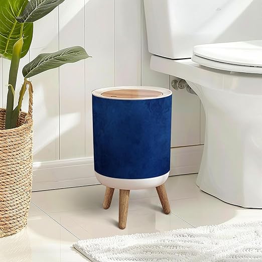 Trash Can with Lid Navy Blue Grunge Texture Dark Shiny Night Ombre Vintage Press Top Round Small Garbage Bin with Wooden Legs Waste Basket for Kitchen Bedroom Nursery 7L/1.8 Gallon