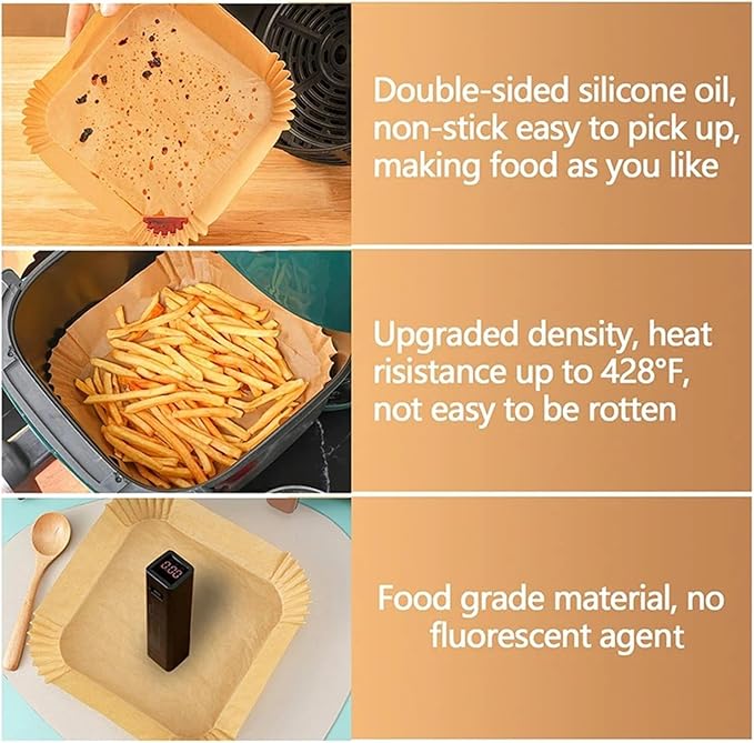 Large Air Fryer Disposable Paper Liners Nonstick 23cm Oven Airfryer Parchment Baking Paper ，Compatible For Ninja，Compatible For COSORI ，Grill Cooking Basket(16cm square,200 Pcs)