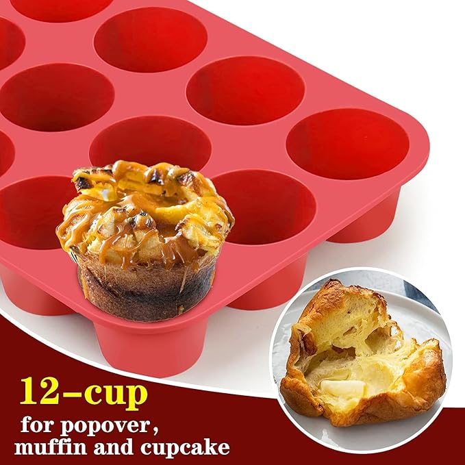 Silicone Muffin Pan, 12-Cup Non-Stick Popover Baking Tray for Muffins, Brownies, Yorkshire Puddings, Red, 12.4 x 9.5 Inch, Set of 2