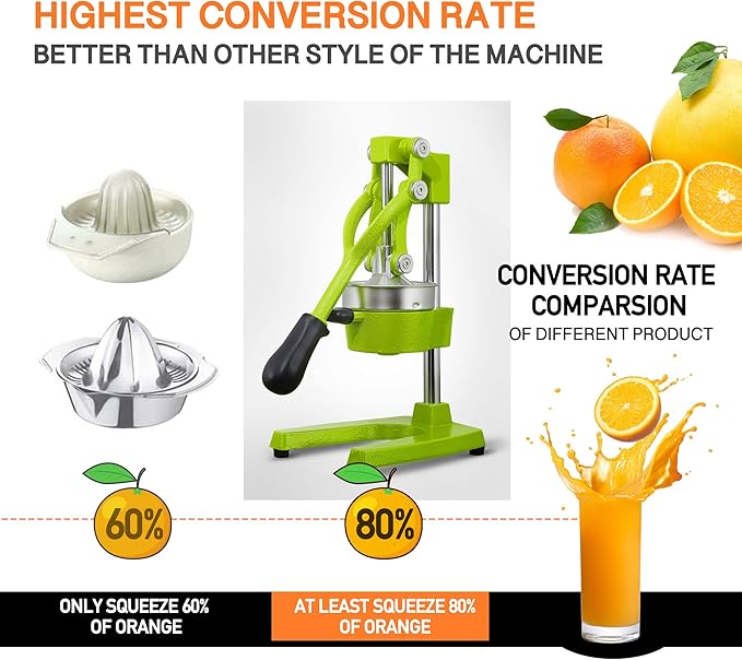 Commercial Heavy Duty Cast Iron Hand Press Manual Orange Citrus Lemon Lime Grapefruit Pomegranate Fruit Juice Squeezer Machine with Stainless Steel Cup Green