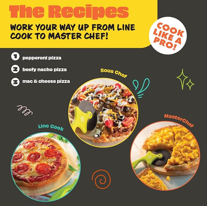 MasterChef Junior Pizza Cooking Set - 5 Pc Kit Includes Real Cookware for Kids w Recipes, Board, Roller - Make Homemade Pizza, Birthday