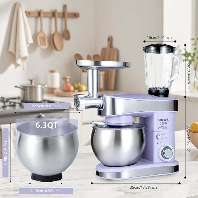 Multifunctional Stand Mixer, 6 in 1 Stand Mixer, 6.3Qt Tilt-head, Standing Mixer with Stainless Steel Bowl, Meat Grinder, Juice Blender, for professional Baking and Most Home Cooks, Purple