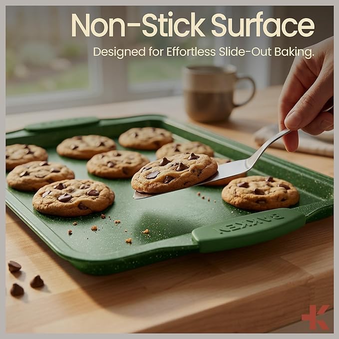 BAKKEN Kitchen Baking Pan Set - Nonstick Green Marble Coating, Carbon Steel Bakeware Sets with Green Silicone Handles, Kitchen Essentials, PFOA, PFOS, PTFE Free, Oven Safe (Up To 450° F), Set of 18