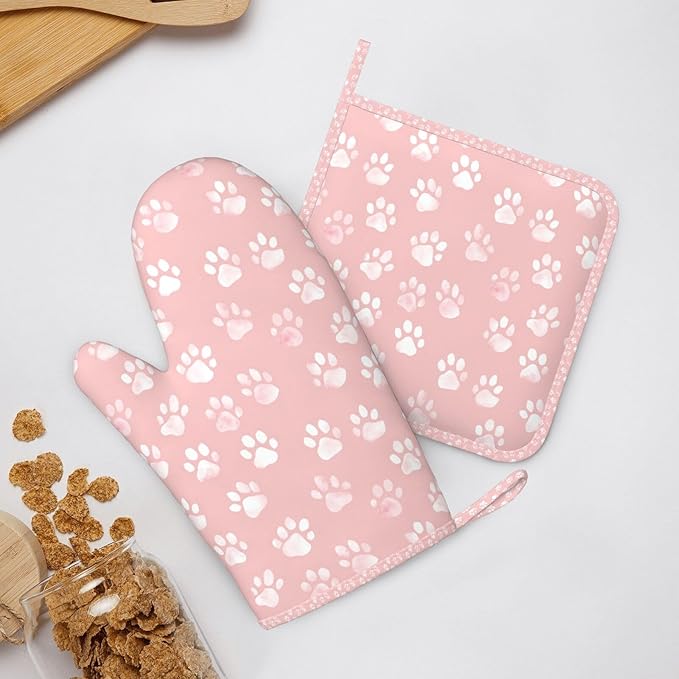 Oven Mitts and Pot Holders Pastel Pink Dog Paw Pattern Silicone Kitchen Accessories Set of 4 Heat Resistant Long Gloves Potholder Non-Slip Grip for Chef Baking Cooking Grilling BBQ