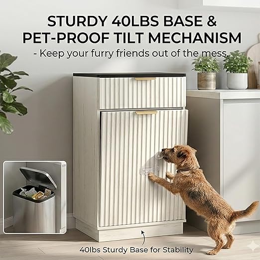 13 Gallon Tilt Out Trash Can Cabinet with Storage, Wooden Farmhouse Trash Can Kitchen Hideaway, Sturdy Freestanding Single Trash Cabinet, Pet-Proof Hidden Garbage Can Cabinet for Kitchen, (White)