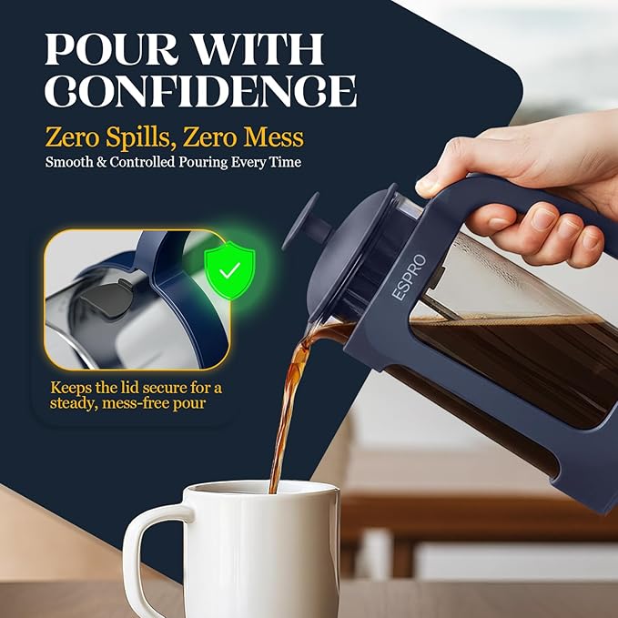 ESPRO Light P3 French Press Coffee Maker – Patented Double Micro-Filter for Grit-Free Brew, Heat Resistant thicker Borosilicate Glass Coffee press – (Blue - 32 oz)