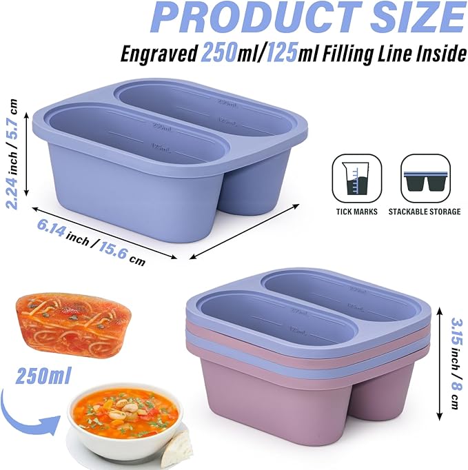 Mossime Silicone Soup Freezer Molds: 1 Cup Silicone Freezer Trays with Lid - 4 Packs Easy Release Soup Freezer Containers - 250ml 125ml Portion Large Cubes for Ice Soup (4, Blue/Purple)