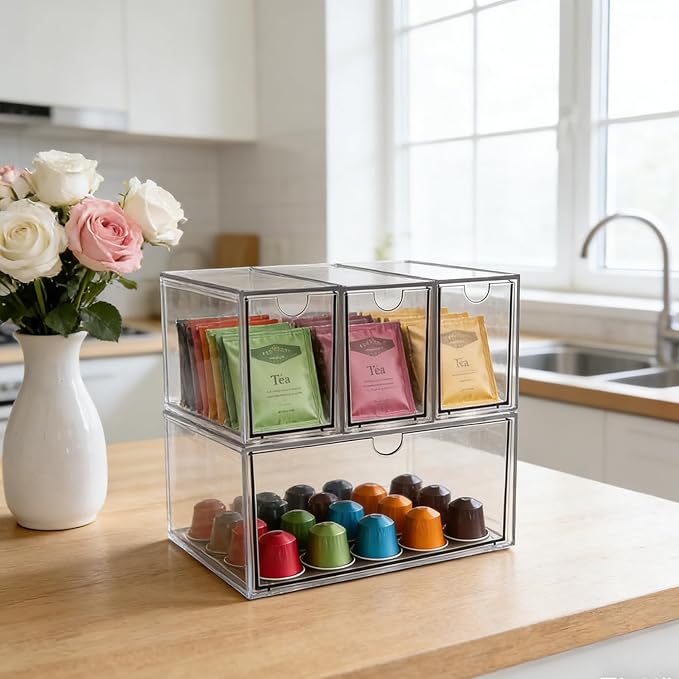 6-Pack Tea Bag Drawers Organizer – Clear Plastic Tea Bag Holder, Stackable & Portable, Wide Storage Drawers for Cabinet, Pantry, Kitchen Counter, Herbal Tea, Coffee Pods (4-Tier)