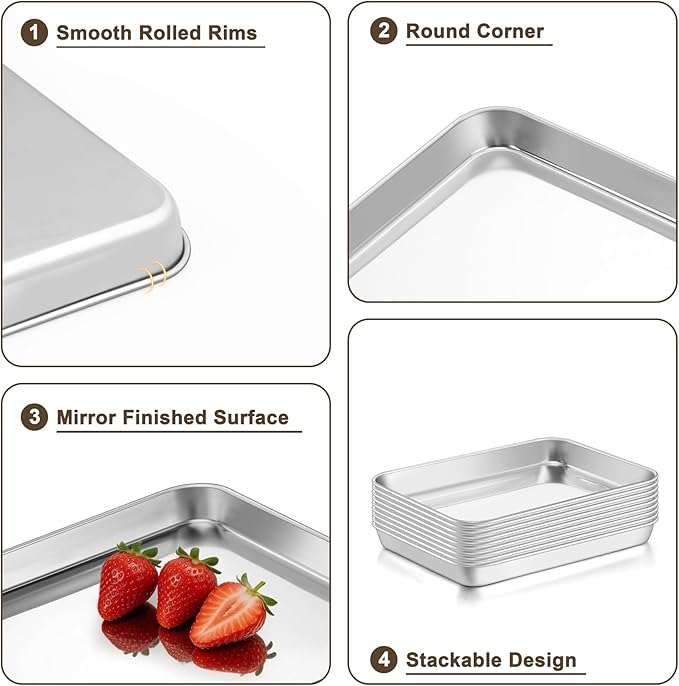 TeamFar Toaster Oven Tray, 6 Pack Stainless Steel Small Baking Sheet Pan Set, Metal Cookie Sheets for Baking/Broiling/Serving, Non-Toxic & Heavy Duty, Dishwasher Safe, 9.3” x 7” x 1”