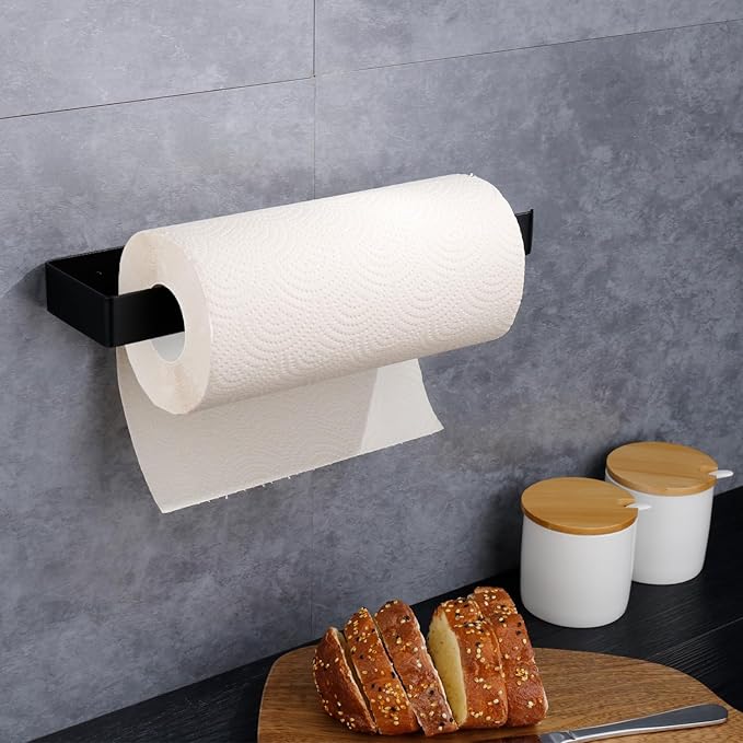 Self Adhesive Paper Towel Holder Under Cabinet Mount, 304 Stainless Steel Wall Mount Paper Towel Roll Rack for Kitchen Cabinet, Bathroom (Blakc)