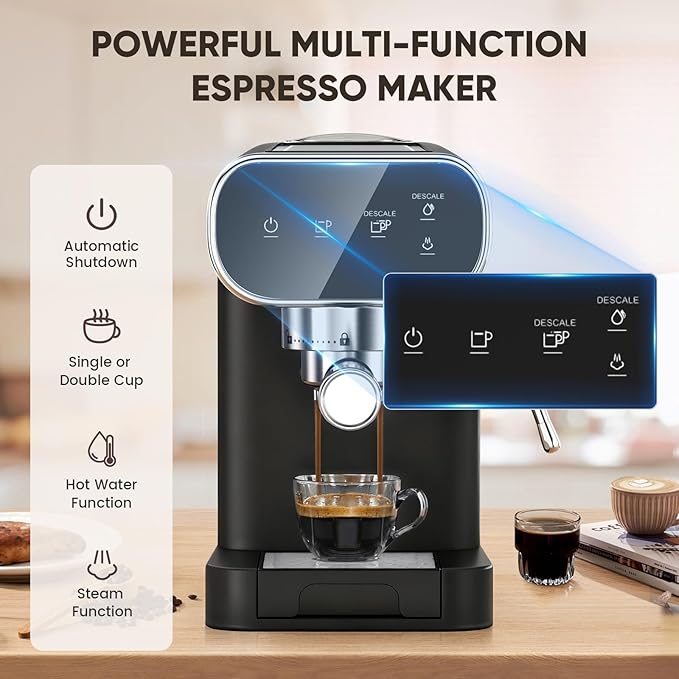 Horavie Espresso Machine 20 Bar, Home Espresso Maker with Touchscreen & Steam Milk Frother, Fast Heat-Up Coffee Machine with 48oz Removable Tank for Cappuccino, Latte, Americano, Black