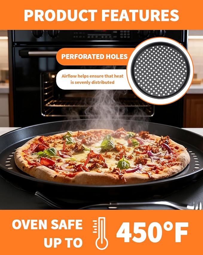 2 PCS 12-Inch Nonstick Pizza Pan with Holes, Perforated Carbon Steel Pizza Tray for Oven, Round Bakeware Pizza Tray for Home Restaurant Kitchen Baking