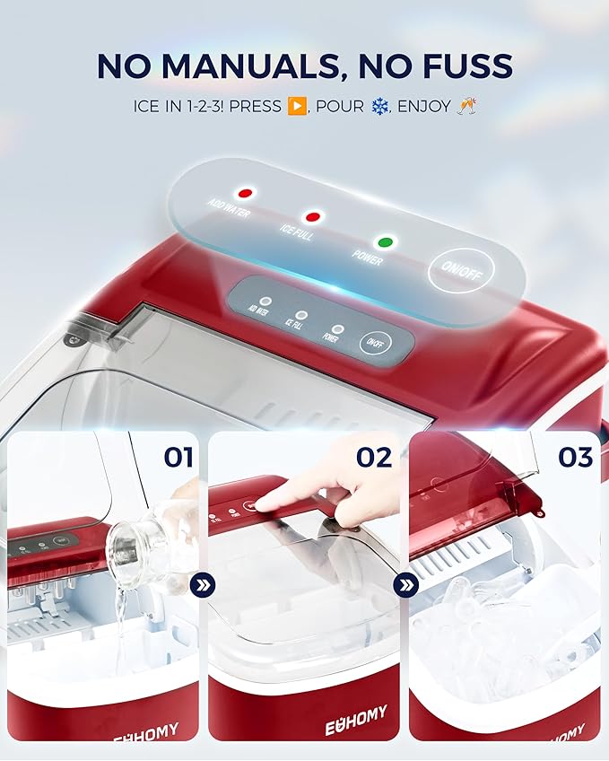 EUHOMY Countertop Ice Maker Machine with Handle, 26lbs Per Day, 9 Ice Cubes Ready in 6 Mins, Auto-Cleaning Portable Ice Maker with Basket and Scoop, for Home/Kitchen/Camping/RV (Red)