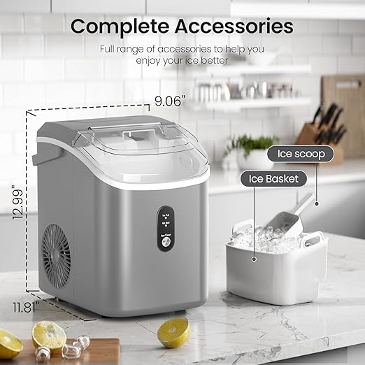 Croze Nugget Ice Maker Countertop with Self-Cleaning Function, Sonic Ice Maker Machine with Handle, 35lbs/Day High Capacity, Compact Design for Home & Office Use (Grey)