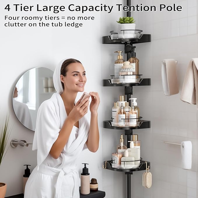 shuang qing 360° Rotating Corner Shower Caddy Tension Pole Organizer - 4-Tier Adjustable Rustproof Metal Pole, Plastic Shelves with Safety Guardrail, Bathroom Storage for Shower & Bathtub(Black)