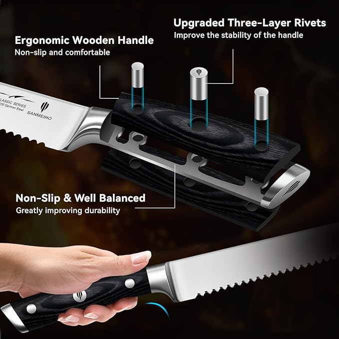 8" Bread Knife - Sourdough Cake Knife Professional 5Cr15MoV Stainless Steel Serrated Knives, Ergonomic Wood Handle & Full Tang Design, Gift Box Included(Single-Edge)