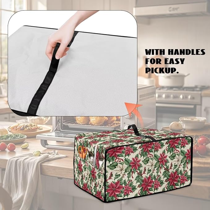 Air Fryer Toaster Oven Dust Cover Dustproof Convection Oven Cover with Side Pockets for Small Kitchen Appliances, M, 16.5 x 20.5 x 10 Inches, Poinsettia Flower Christmas Decor