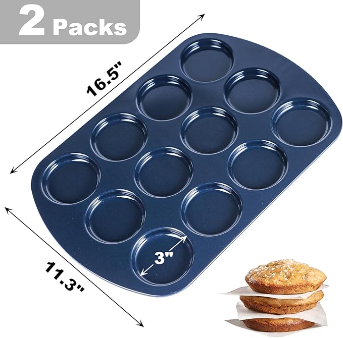 Webake Non-Stick Muffin Top Pan for Baking Egg Bites, Whoopie Pies, Cookies, Yorkshire Pudding, Heavy Gauge Carbon Steel Set of 2
