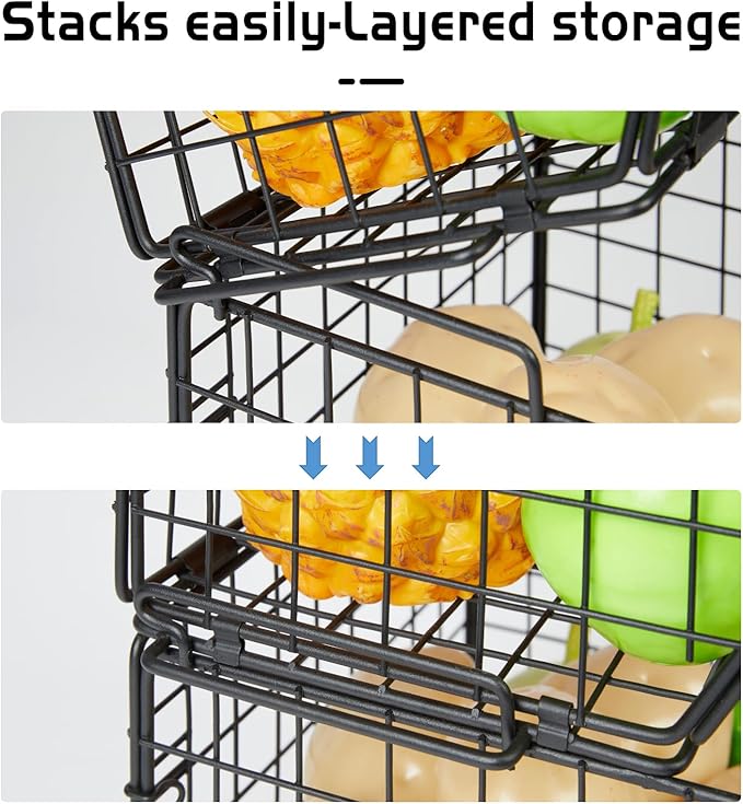 X-cosrack Stackable Wire Baskets for Counter, Fruit and Vegetable Storage, Potato and Onion Storage Bin，Kitchen Pantry Organizer - Wall Basket for Produce/Snack/Can, Large, Black