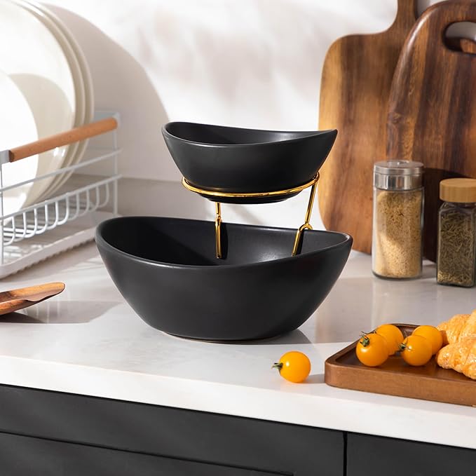 MALACASA 2 Tier Chip and Dip Serving Set with Metal Stand,Ceramic Appetizer Bowls for Party, Multi-Use Food Display for Fruits, Snacks,Black Elegant Tiered Serving Dishes for Party