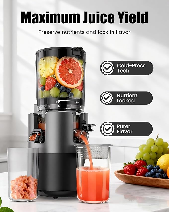Juicer Machines, Cold Press Juicer with 6" Extra Wide Chute, 90oz Capacity, Powerful AC Brushless Motor, High Juice Yield, Quiet Low db, BPA-Free Juicer Press For Whole Vegetables & Fruits