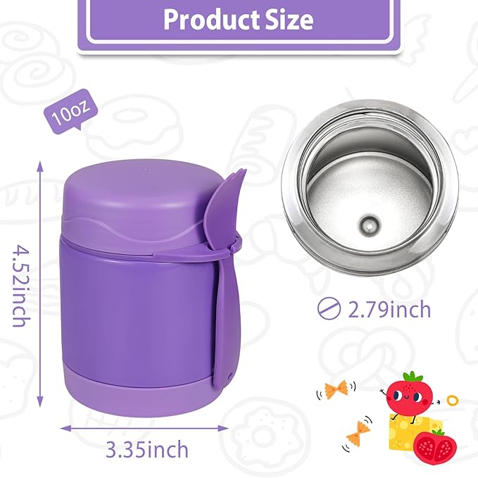 Howeemo 10oz Soup Thermo for Hot Food Kids, Insulated Food Jar with Spoon, Leak Proof Stainless Steel Wide Mouth Lunch Food Thermo Jar for School (Purple)