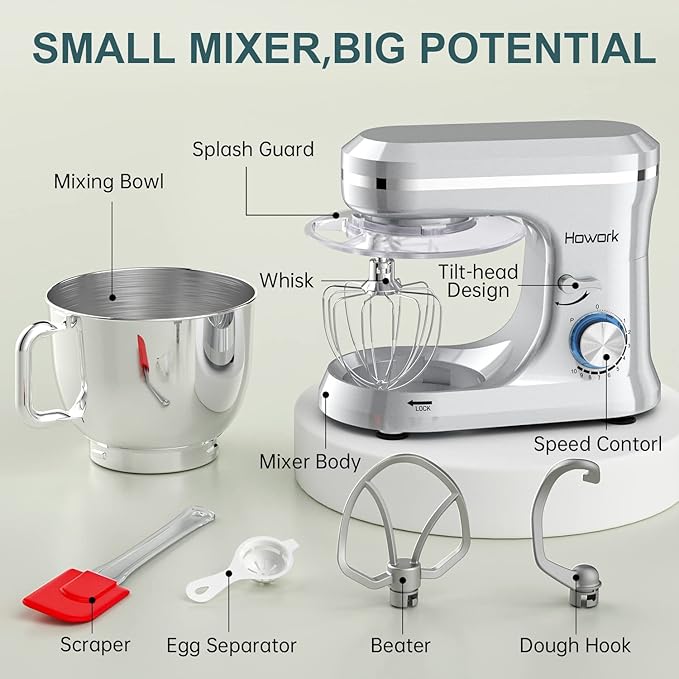 HOWORK Electric Stand Mixer,10+p Speeds With 6.5QT Stainless Steel Bowl,Dough Hook, Wire Whip & Beater,for Most Home Cooks (Silver)