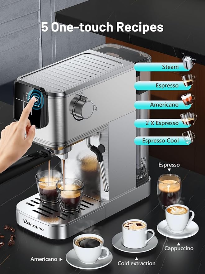 RELEXNOW Espresso Machine, 20 Bar Espresso Maker Milk Frother & LCD Panel, Hot & Iced with Rapid Cold Brew, Stainless Steel Espresso Coffee Machine with 41oz Water Tank for Cappuccino, Latte