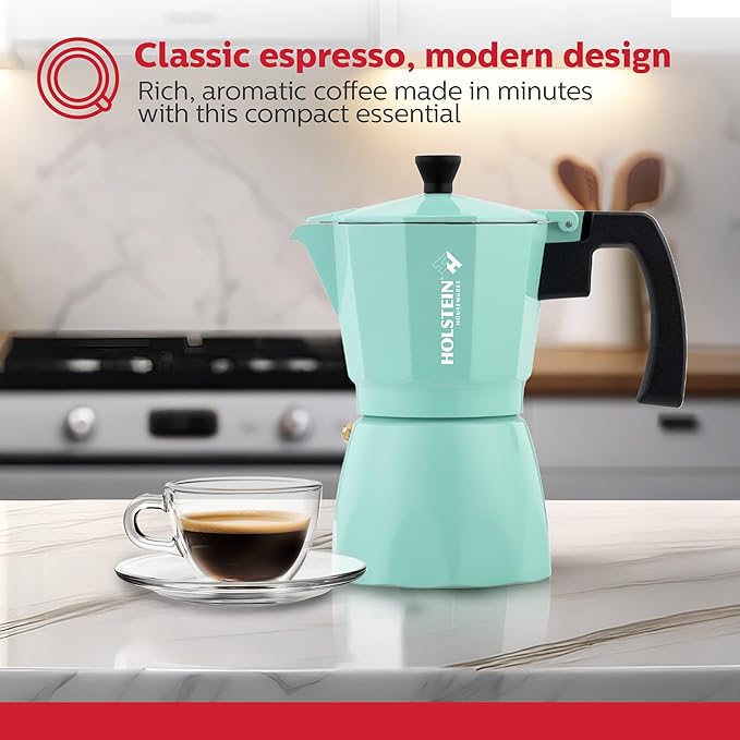 Holstein Housewares - 6 Cup Aluminum Stovetop Espresso Maker and Moka Pot - Great Tasting Traditional Espresso Coffee, Italian and Cuban Café Brewing in Minutes, Mint