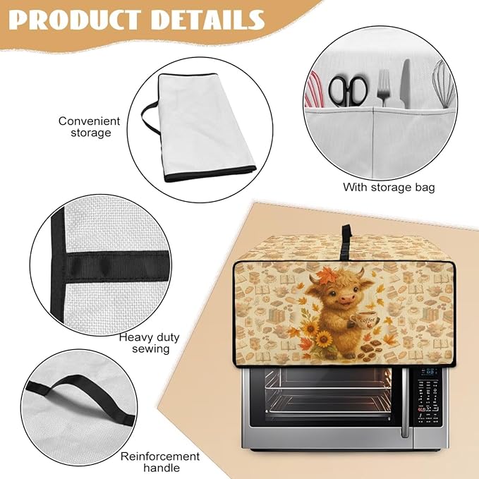 Toaster Oven Dust Cover Dustproof Convection Microwave Ovens Cover Stain-resistant Small Countertop Appliance Protector, M, Highland Cow Coffee Sunflower Fall Decor