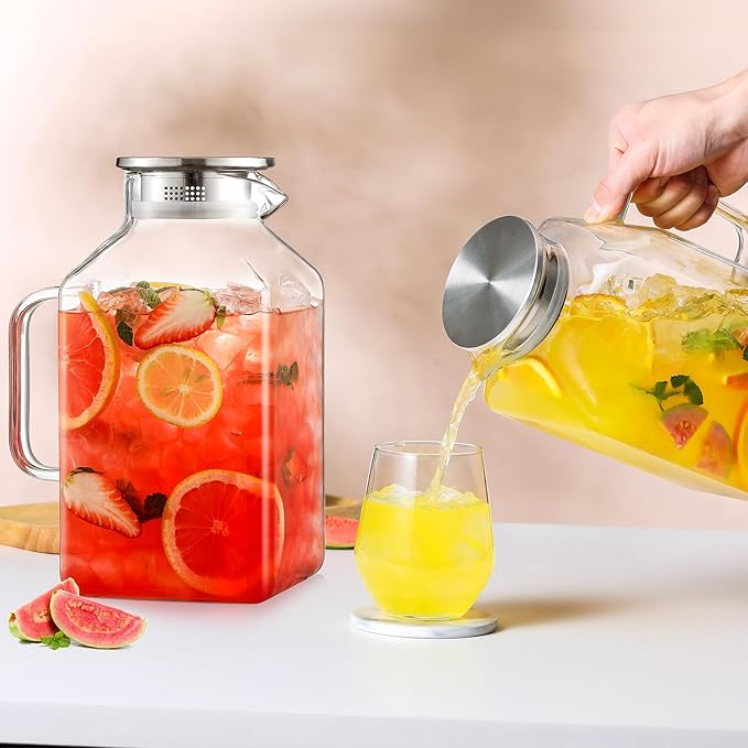2 Pack 1 Gallon Square Glass Pitcher with Lid and Spout, Borosilicate Glass Carafe for Hot/Cold Drink, Water Pitchers with Handle for Fridge, Extra Large Jug for Iced Tea, Coffee, Juice, Beverage