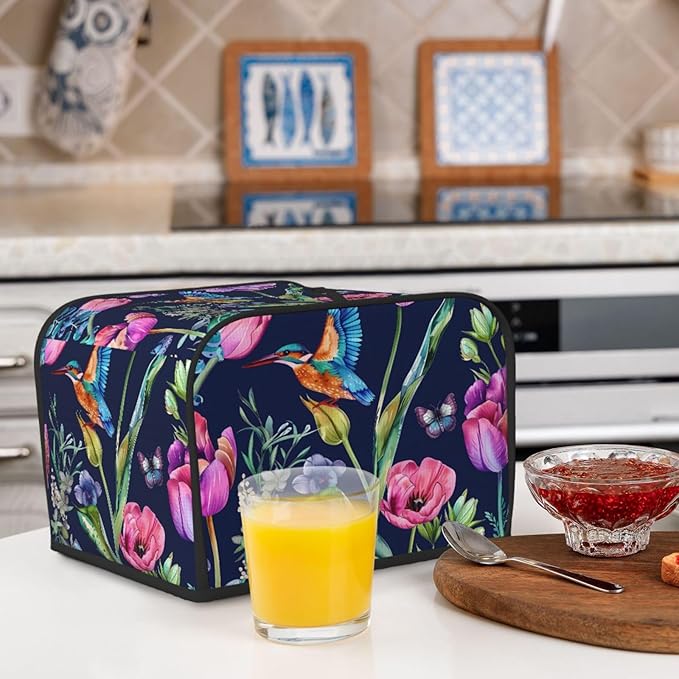Toaster Cover 4 Slice Hummingbird Iris Flower Waterproof Appliance Cover with Hang Loop Bread Baker Toaster Cover for Kitchen