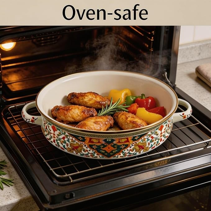 11 Inch Enamel Roasting Pan with Rack and Lid, Russian Style Deep Round Oven Baking Pot Roaster Pan Set for Chicken, Turkey Breast, Lasagna, Oven to Table, Stovetop Safe