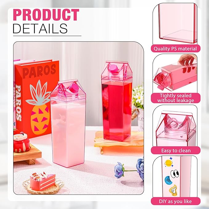 Remerry 3 Pcs Milk Carton Water Bottle Square Plastic Coffee Portable Reusable Milk Carton Cup Leakproof Juice Bottle