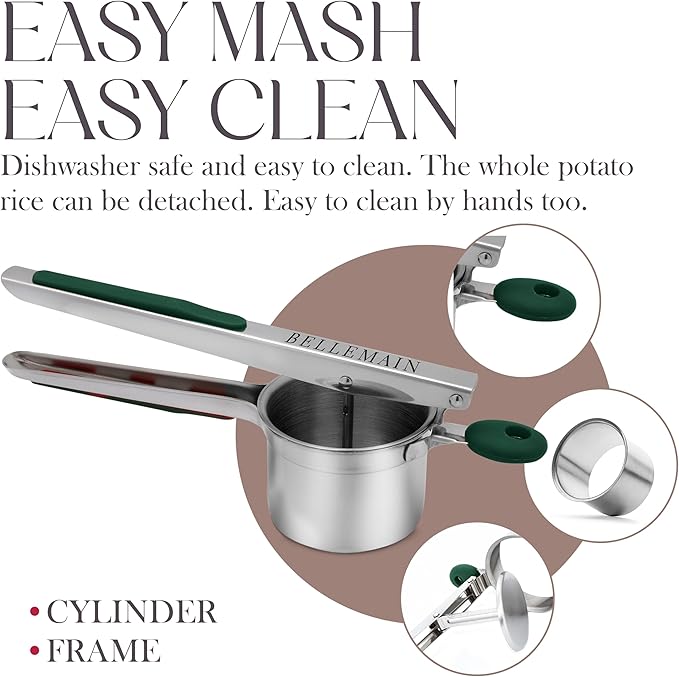 Bellemain 15 oz Large Potato Ricer | Heavy-Duty Stainless Steel Potato Ricer & Masher | Perfect for Mashed Potatoes | Ricer Kitchen Tool with Fixed Disc (Green)