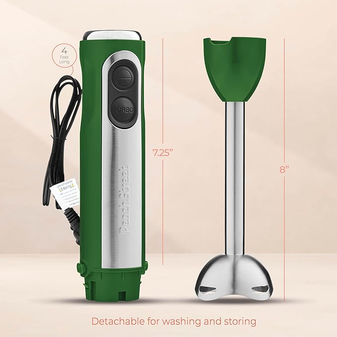 Powerful Immersion Blender, Electric Hand Blender 500 Watt with Turbo Mode, Detachable Base. Handheld Kitchen Blender Stick for Soup, Smoothie, Puree, Baby Food, 304 Stainless Steel Blades (Green)