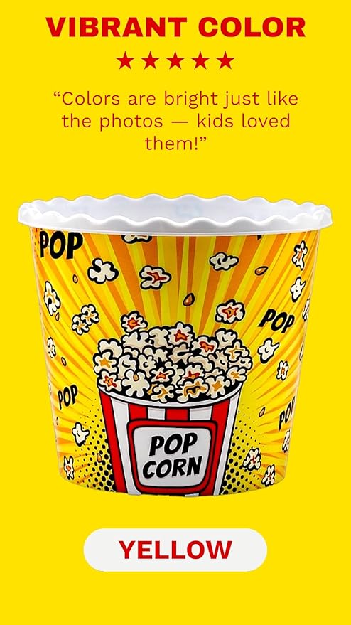 Modern Style Reusable Plastic Popcorn Box/Popcorn Containers/Popcorn Bowls Set for Movie Theater Night - (BPA Free - 6 Pack-75 oz) (6, YELLOW)