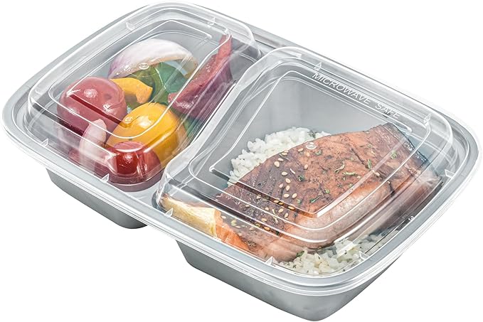 Restaurantware-Asporto 26 Ounce Compartment Take Out Boxes, 100 Microwavable Meal Prep Containers - 2 Compartments, With Clear Plastic Lids, Silver Plastic Food Containers, Do Not Contain BPA