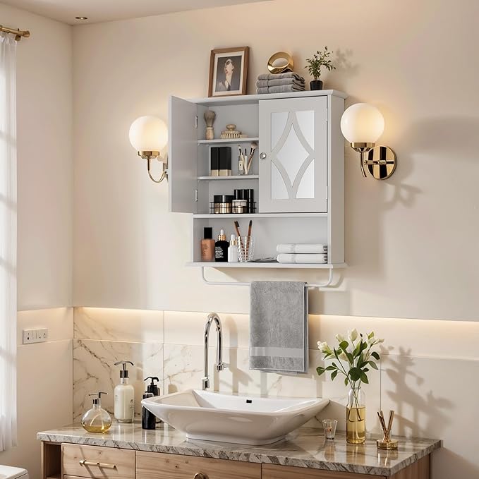 RoyalCraft 22x25 Bathroom Medicine Cabinet with Mirror, Large Wood Wall Mounted Storage Cabinet with Shelves and Towel Bar, Over The Toilet Storage Cabinet for Bathroom, Laundry, Living Room, White