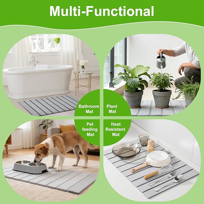 Stone Dish Drying Mat for Kitchen Counter - Large Foldable Collapsible Quick Drying Dish Mats, Ultra Absorbent Diatomaceous Earth Mats for Kitchen Dishes Bottles Cups Bathroom -Light Gray