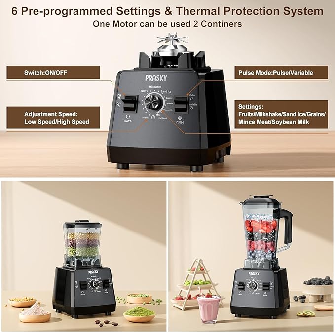Professional Blender,Smoothies Blenders, PRASKY Max.2400Watts/1000Watts Blender and Grinder Combo 25000RPM Powerful Kitchen 68oz BPA Free 2 Containers Countertop Blenders Ice Crushing, Juice