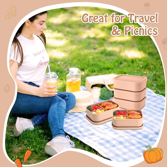 Honeydak 4 Pcs Silicone Bento Box for Adults, 3 Compartment Lunchable Food Container for Women Men, Leak Proof Microwave Dishwasher Freezer Safe (Yellow)
