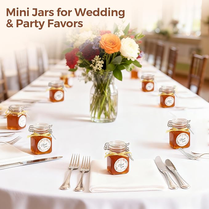 ComSaf Set of 6 Square Glass Spice Jars with Airtight Lids (4 Oz), Mini Favor Jars with Wire Clamp for Honey, Herbs & Farmhouse Kitchen Pantry Organization, with Funnel & Labels