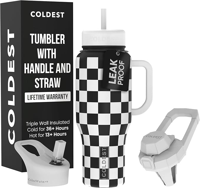 Coldest Tumbler with Handle and Straw - 100% Spill Proof Tumbler with Straw (3 Lids) - Stainless Steel Insulated Leakproof Tumblers for Women & Men - 36 oz (Black and White Checkers)