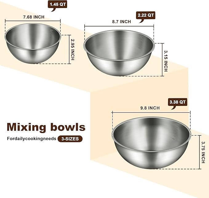 Gronivex Stainless Steel Mixing Bowls Set of 3 (1.5, 2.2, 3.4 Qt) - Food Grade 304, Nesting Design, Dishwasher Safe for Baking, Salad Prep & Cooking